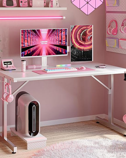 Bestier Small Gaming Desk with Monitor Stand, 42 inch LED Computer Desk, Gamer Workstation with Cup Holder & Headset Hooks, Modern Simple Style Desk for Home Office, Carbon Fiber White - LeafyLoom