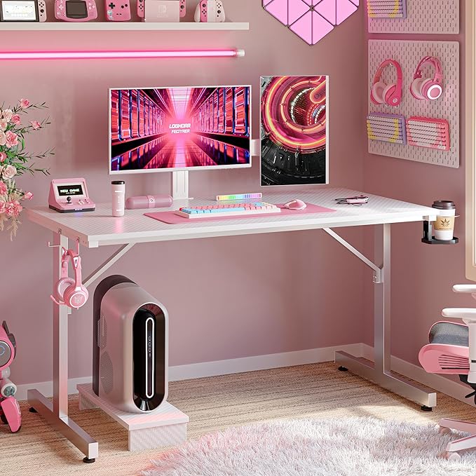 Bestier Small Gaming Desk with Monitor Stand, 42 inch LED Computer Desk, Gamer Workstation with Cup Holder & Headset Hooks, Modern Simple Style Desk for Home Office, Carbon Fiber White - LeafyLoom