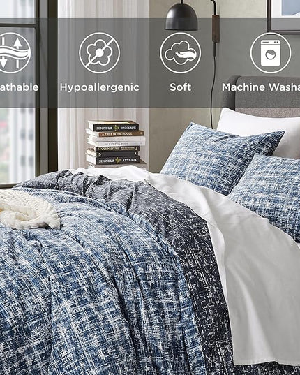 Hyde Lane Blue Full/Queen Comforter Set for Men, Modern Farmhouse Aesthetic Soft Bedding, Masculine Plaid Lines Pattern Bed Sets for All Season, 3 Pieces includes 1 Comforter, 2 Shams (90"x 90") - LeafyLoom