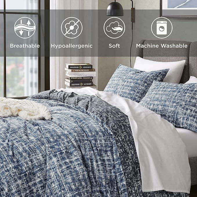 Hyde Lane Blue Full/Queen Comforter Set for Men, Modern Farmhouse Aesthetic Soft Bedding, Masculine Plaid Lines Pattern Bed Sets for All Season, 3 Pieces includes 1 Comforter, 2 Shams (90"x 90") - LeafyLoom