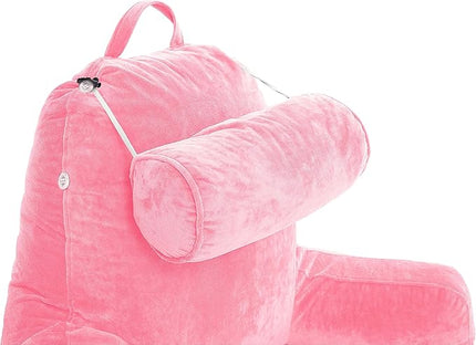 Husband Pillow XXL Pink Backrest with Arms, Adult Reading Pillow with Shredded Memory Foam, Ultra-Comfy Removable Microplush Cover & Detachable Neck Roll, Unmatched Support for Bed Rest Sit Up Pillow - LeafyLoom
