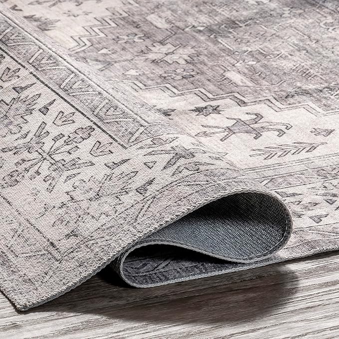 nuLOOM Medallion Bordered Machine Washable Ultra Thin Area Rug, 8' x 10', Beige - LeafyLoom