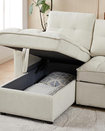 Chenille Convertible Sleeper Sectional Sofa with Reversible Storage Chaise and Pull Out Couch Bed , L Shaped Corner Sofabed with USB and tape-c Charging Ports for Living Room Office Small Places - LeafyLoom