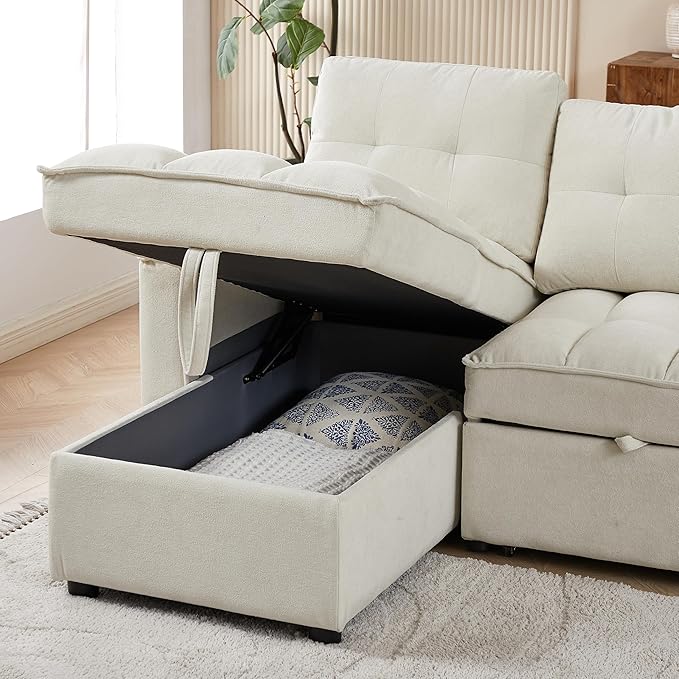 Chenille Convertible Sleeper Sectional Sofa with Reversible Storage Chaise and Pull Out Couch Bed , L Shaped Corner Sofabed with USB and tape-c Charging Ports for Living Room Office Small Places - LeafyLoom