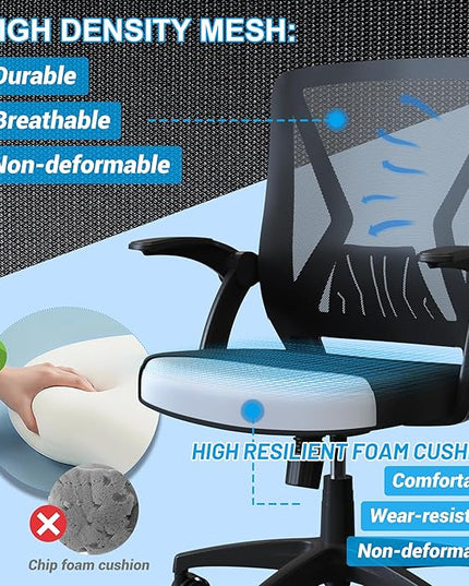 KOLLIEE Mid Back Mesh Office Chair Ergonomic Swivel Black Mesh Computer Chair Flip Up Arms with Lumbar Support Adjustable Height Task Chair - LeafyLoom