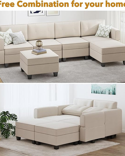 113'' Modular Sectional Sofa, Convertible Sectional Couches for Living Room U Shaped Sectional Sofa Couch with Storage Ottoman, High Supportive 6 Seats Reversible Sectionals with Chaise, Beige - LeafyLoom