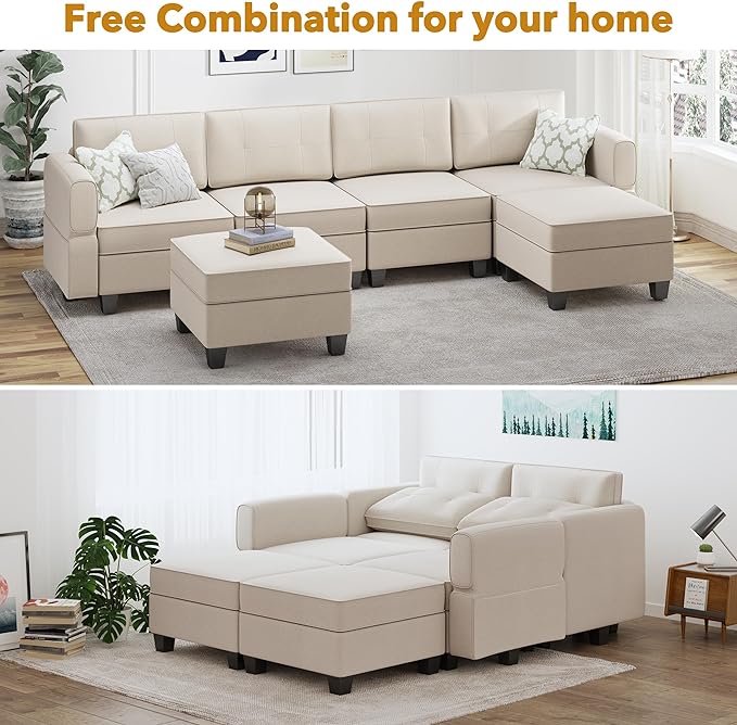 113'' Modular Sectional Sofa, Convertible Sectional Couches for Living Room U Shaped Sectional Sofa Couch with Storage Ottoman, High Supportive 6 Seats Reversible Sectionals with Chaise, Beige - LeafyLoom