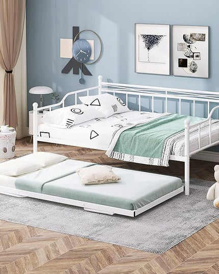 Full Daybed with Trundle Bed Twin, Metal Day Bed Frame with Pop Up Trundle, Metal Sofa Bed with Portable Folding Trundle for Bedroom, Living Room, Guest Room, Home, No Box Spring Needed, White - LeafyLoom