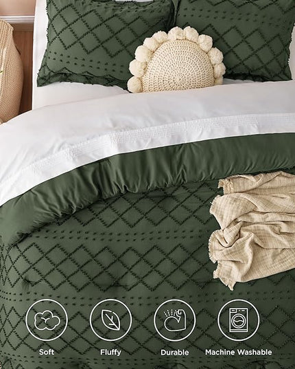 Bedsure Full Size Comforter Set - Olive Green Comforter, Boho Tufted Shabby Chic Bedding Comforter Set, 3 Pieces Farmhouse Bed Set for All Seasons, Fluffy Soft Bedding Set with 2 Pillow Shams - LeafyLoom