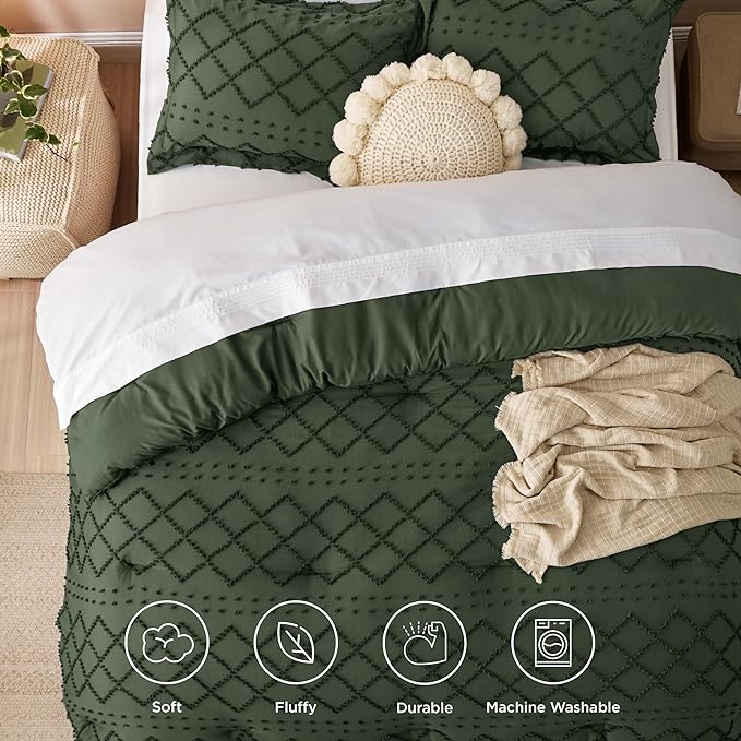 Bedsure Full Size Comforter Set - Olive Green Comforter, Boho Tufted Shabby Chic Bedding Comforter Set, 3 Pieces Farmhouse Bed Set for All Seasons, Fluffy Soft Bedding Set with 2 Pillow Shams - LeafyLoom