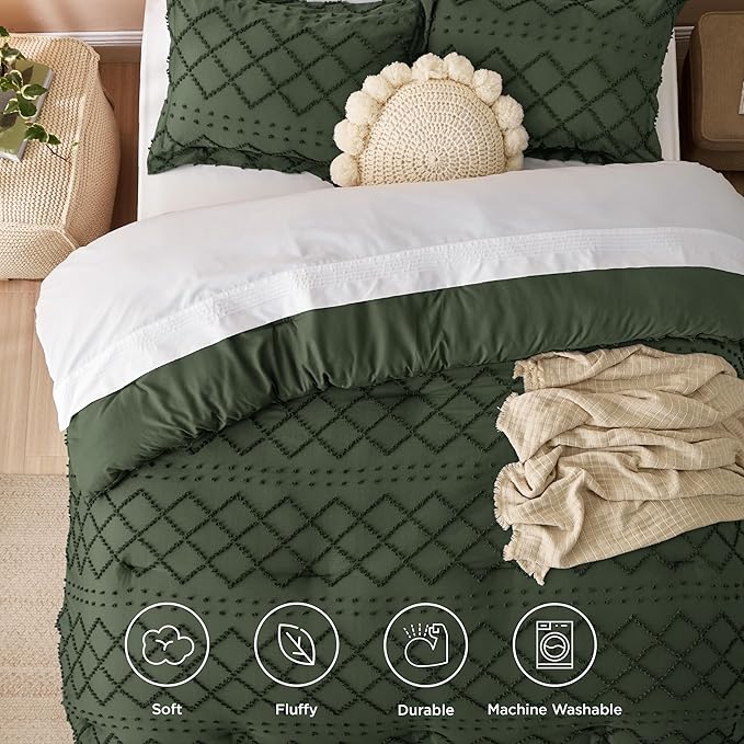 Bedsure California King Comforter Set - Olive Green Comforter, Boho Tufted Shabby Chic Bedding Comforter Set, 3 Pieces Farmhouse Bed Set for All Seasons, Fluffy Soft Bedding Set with 2 Pillow Shams - LeafyLoom