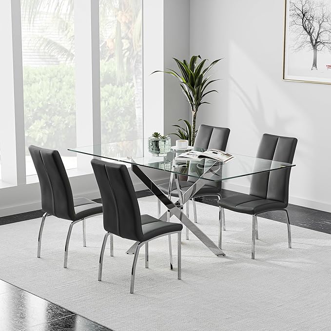 Tempered Glass Dining Table with Chromed Legs,47" Modern Rectangular Kitchen Table for Dining Room Kitchen,Sliver - LeafyLoom