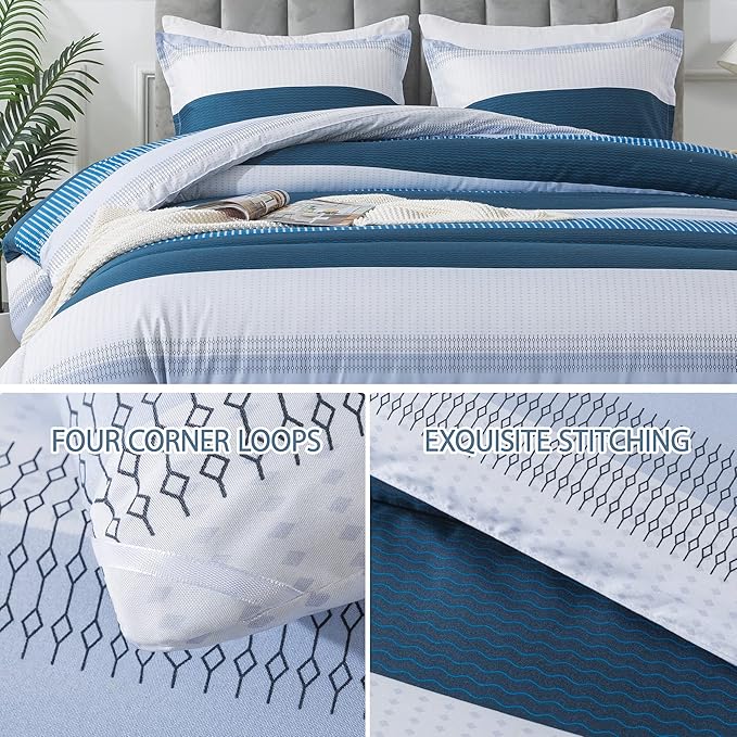 Andency Stripe Comforter Set Twin Size (66x90 Inch), 2 Pieces Navy Patchwork Striped Comforter, Soft Microfiber Down Alternative Comforter Bedding Set with Corner Loops - LeafyLoom