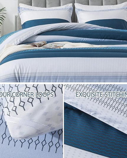 Andency Stripe Comforter Set King Size (104x90 Inch), 3 Pieces Navy Patchwork Striped Comforter, Soft Microfiber Down Alternative Comforter Bedding Set with Corner Loops - LeafyLoom