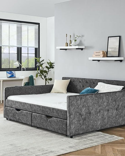 Queen Size Upholstered Tufted Daybed with Two Pull Out Drawers Bed, Button Polyester on Back, Waved Shape Arms,No Need Boxing Spring, for Bedroom, Living Room, Grey - LeafyLoom