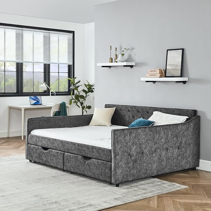 Queen Size Upholstered Tufted Daybed with Two Pull Out Drawers Bed, Button Polyester on Back, Waved Shape Arms,No Need Boxing Spring, for Bedroom, Living Room, Grey - LeafyLoom