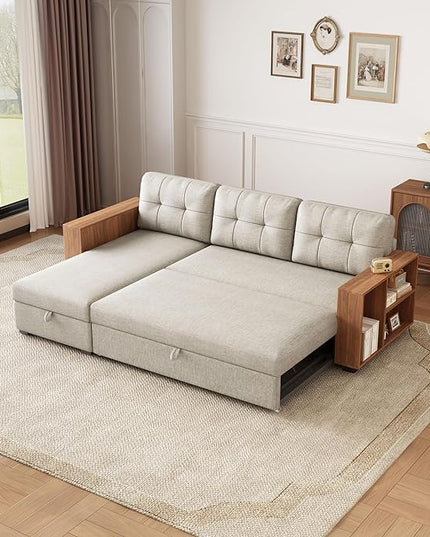 84" Sectional Sleeper Storage Chaise,L Shaped Pull Out Couch with Cabinet,Convertible Corner Sofa Bed W/ 3 Back Cushions for Living Room,Office,Apartment,Small Spaces,Beige - LeafyLoom