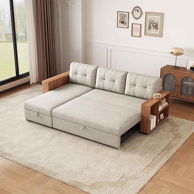 Convertible L Shaped Pull Out Couch with Storage Chaise and Wood Cabinet Armrests,Sectional Sleeper Sofa Bed W/ 3 Removable Back Cushions for Living Room,Office,Apartment,Beige,84" - LeafyLoom
