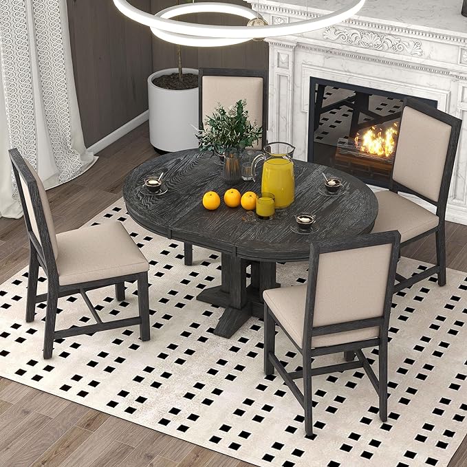 NicBex Small Kitchen Table Set for 4 Round Dining Table Farmhouse Dining Set 5-Piece Dining Set Extendable Round Table and 4 Upholstered Chairs for Kitchen, Black - LeafyLoom