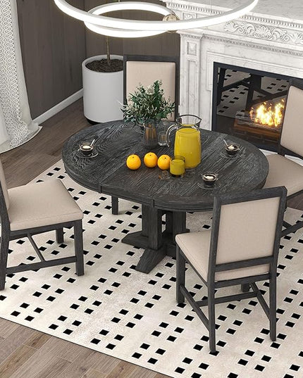 Farmhouse Style Extendable Round 4 Upholstered Chairs, Solid Wood Retro, Easy Assembly, Room, Kitchen, 5 Piece Dining Table Set, Black 16 - LeafyLoom