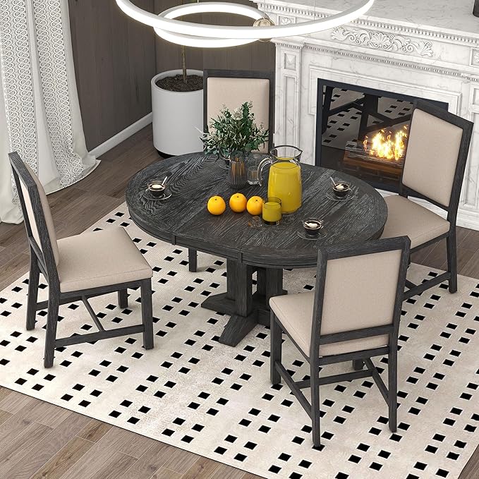 Farmhouse Style Extendable Round 4 Upholstered Chairs, Solid Wood Retro, Easy Assembly, Room, Kitchen, 5 Piece Dining Table Set, Black 16 - LeafyLoom