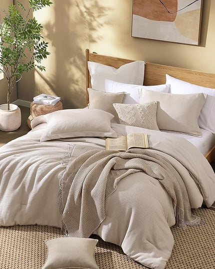 Dark Beige King Size Comforter Set, 3 Piece Summer Bedding for Textured Crinkle King Comforter Set, King Bedding Set with Minimalist Lightweight Comforter & Shams (King, 102"x90") - LeafyLoom