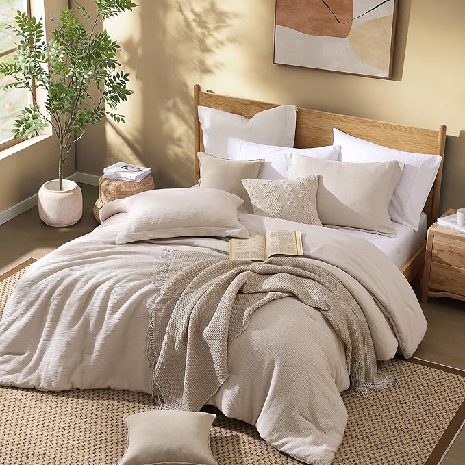 Dark Beige King Size Comforter Set, 3 Piece Summer Bedding for Textured Crinkle King Comforter Set, King Bedding Set with Minimalist Lightweight Comforter & Shams (King, 102"x90") - LeafyLoom