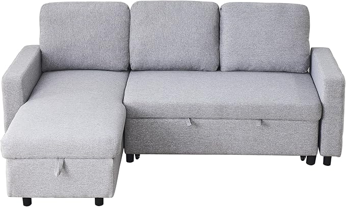 3 Seater Convertible Sectional Sofa with Reversible Chaise Lounge and Pull Out Sofabed, L Shaped Corner Couches with Storage , Comfy Linen Upholstered Sofa&Couches for Living Room Furniture Sets - LeafyLoom
