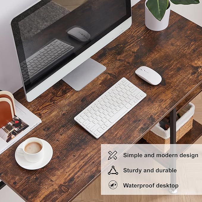 VECELO 43 Inch Computer Desk Writing Study Work Office Table Modern desk with shelves wooden desk for Home Bedroom,Walnut Desk - LeafyLoom
