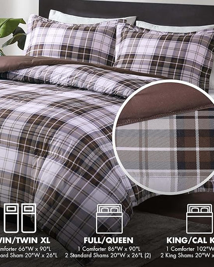 Madison Park Essentials Parkston Plaid Comforter, Matching Sham, 3M Scotchguard Stain Release Cover, Hypoallergenic All Season Bedding-Set, Twin/ Twin XL, Brown, 2 Piece - LeafyLoom