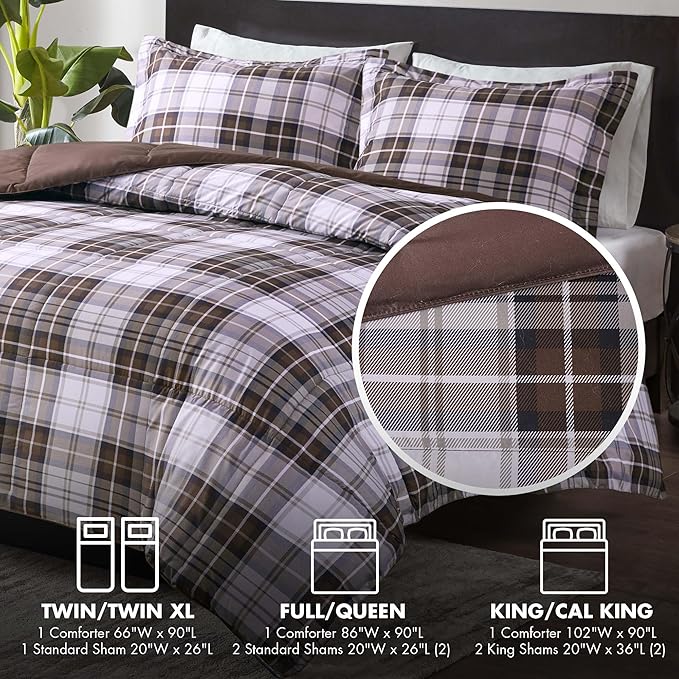 Madison Park Essentials Parkston Plaid Comforter, Matching Sham, 3M Scotchguard Stain Release Cover, Hypoallergenic All Season Bedding-Set, Twin/ Twin XL, Brown, 2 Piece - LeafyLoom