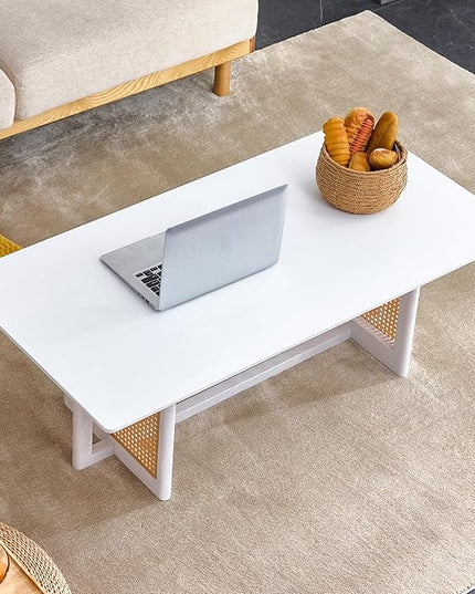 Chinese Style Coffee Table, Rattan Rectangular Solid Wood Coffee Table, Mid Century Modern Coffee Table Center Table Tea Table for Living Room Office, White - LeafyLoom