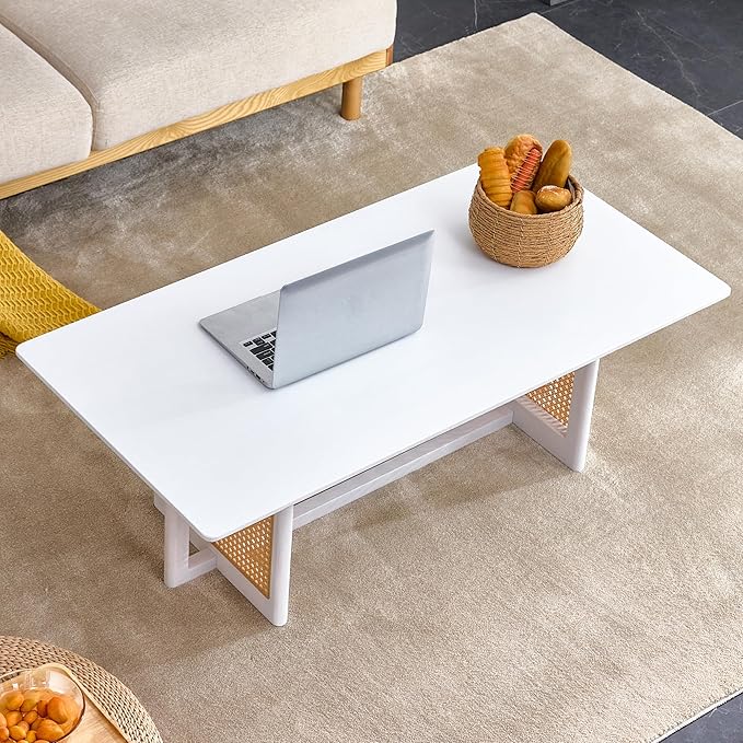 Chinese Style Coffee Table, Rattan Rectangular Solid Wood Coffee Table, Mid Century Modern Coffee Table Center Table Tea Table for Living Room Office, White - LeafyLoom