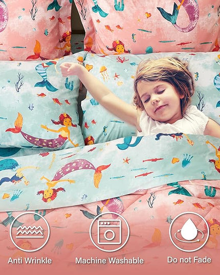 Twin Size Mermaid Kids Bedding Set for Girls, 7 Pieces Super Soft Lightweight Microfiber Comforter Set with Sheets, Bed in a Bag, Durable Children Bed Set - LeafyLoom