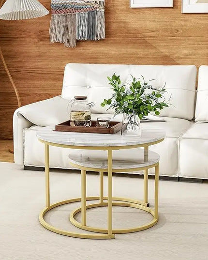 Round Coffee Table Set of 2 End Tables for Living Room,Circular and Marble Nesting Coffee Table Wooden Accent Furniture with Golden Metal Frame,Stacking Side Tables,White - LeafyLoom