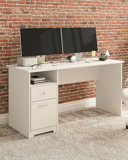 Bush Business Furniture Cabot Desks for Home Office with Storage and Chrome Hardware, Elegant Computer Table with Drawers, 60W, White - LeafyLoom