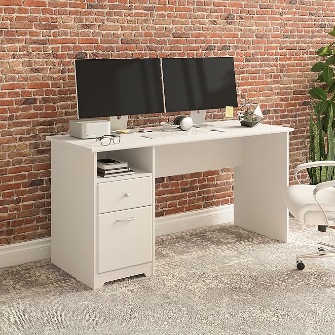 Bush Business Furniture Cabot Desks for Home Office with Storage and Chrome Hardware, Elegant Computer Table with Drawers, 60W, White - LeafyLoom