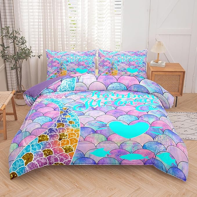NINENINE Blue and Purple Mermaid Tail Comforter Sets for Girls,Full Size Rainbow Princess Bedding,Girly Glitter Comforter Sets,Sparkly Fish Scales Bedding Sets with 1 Comforter 2Pillowcases - LeafyLoom