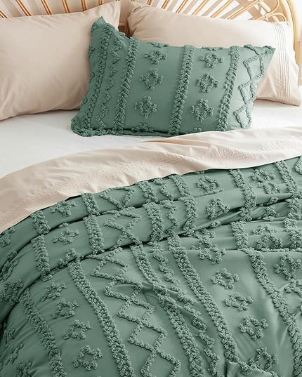 Bedsure Twin/Twin XL Comforter Set Dorm Bedding - Green Boho Bedding Comforter Set, 2 Pieces Farmhouse Shabby Chic Embroidery Bed Set, Soft Jacquard Tufted Comforter for College - LeafyLoom