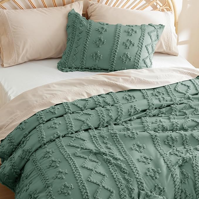Bedsure Twin/Twin XL Comforter Set Dorm Bedding - Green Boho Bedding Comforter Set, 2 Pieces Farmhouse Shabby Chic Embroidery Bed Set, Soft Jacquard Tufted Comforter for College - LeafyLoom
