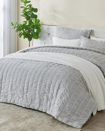 Full/Queen 100% Cotton Comforter Set | Grey Puckered Striped Down Alternative Comforter | All Season, Linen-Like, Textured 3 Piece Bedding Comforter Set (Full/Queen, Grey) - LeafyLoom