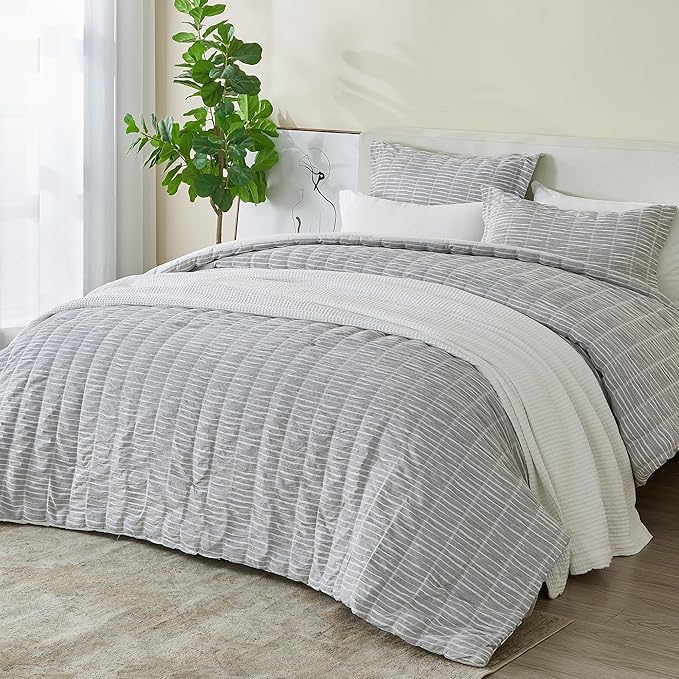 Full/Queen 100% Cotton Comforter Set | Grey Puckered Striped Down Alternative Comforter | All Season, Linen-Like, Textured 3 Piece Bedding Comforter Set (Full/Queen, Grey) - LeafyLoom