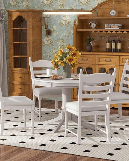 5-Piece Wooden Round Extendable Dining Table and 4 Upholstered Chairs Set for Kitchen Room Furniture, Retro Style, Antique White, 42"-58" L x 42" W x 30" H - LeafyLoom