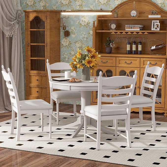 5-Piece Wooden Round Extendable Dining Table and 4 Upholstered Chairs Set for Kitchen Room Furniture, Retro Style, Antique White, 42"-58" L x 42" W x 30" H - LeafyLoom