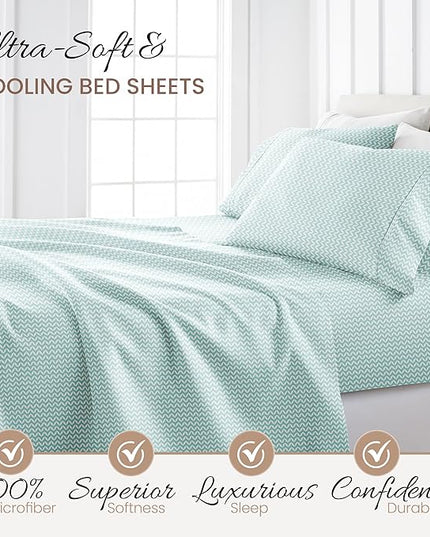 4 Piece Full Bedding Sheet Set (Light Blue Chevron) - Sleep Better Than Ever with These Ultra-Soft & Cooling Bed Sheets for Your Full Size Bed - Deep Pocket Fits 16" Mattress - LeafyLoom