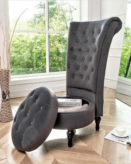 Royal Velvet Accent Chair for Vanity with Storage and Luxurious Upholstery, Retro Design and Versatile Usage for Living Room, Bedroom, Lounge and Office, Grey - LeafyLoom