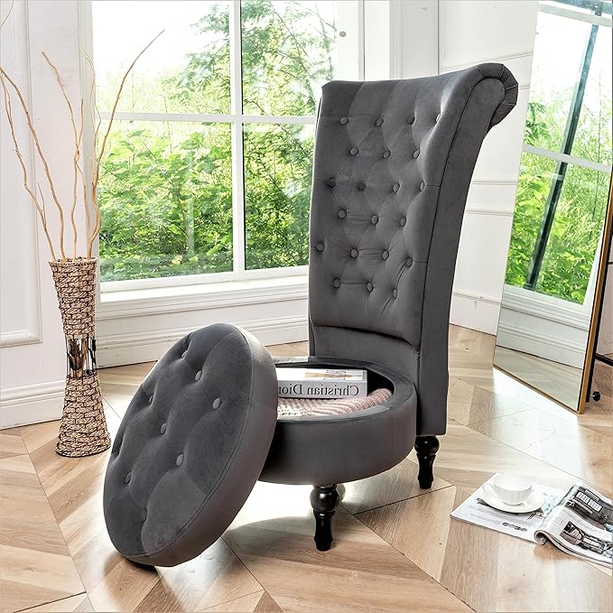 Royal Velvet Accent Chair for Vanity with Storage and Luxurious Upholstery, Retro Design and Versatile Usage for Living Room, Bedroom, Lounge and Office, Grey - LeafyLoom