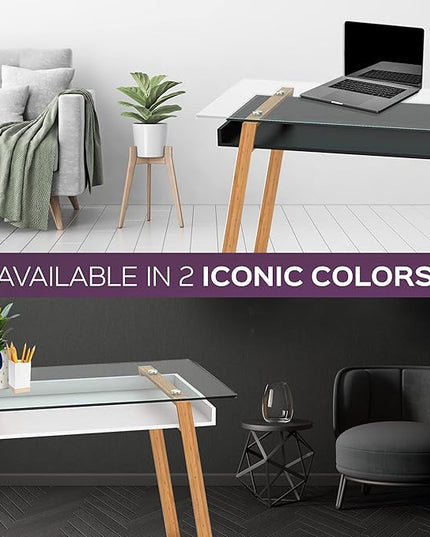 bonVIVO Massimo Small Desk - 55 Inch, Modern Computer Desk for Small Spaces, Living Room, Office and Bedroom - Study Table w/Glass Top and Shelf Space - White - LeafyLoom