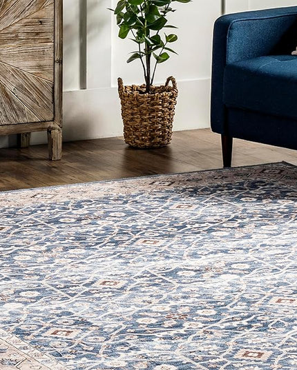 nuLOOM Shae Faded Persian Bordered Machine Washable Ultra Thin Area Rug, 8' x 10', Blue - LeafyLoom