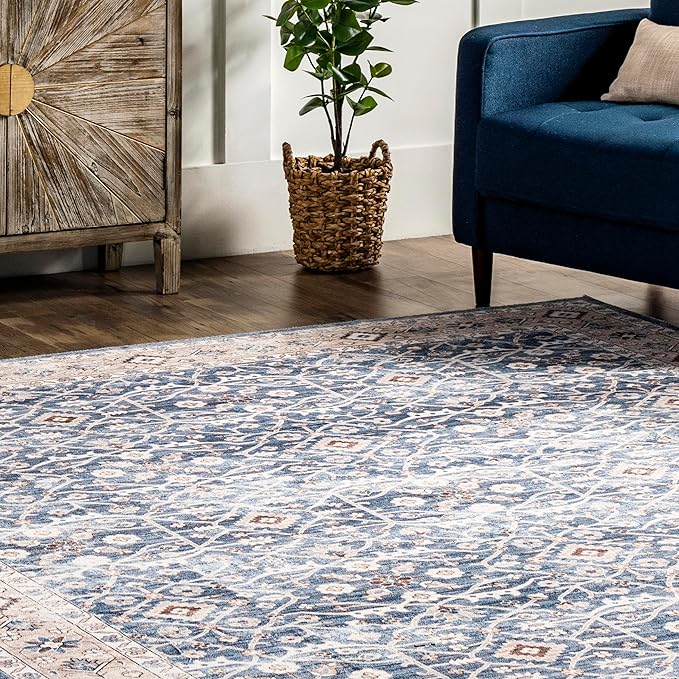nuLOOM Shae Faded Persian Bordered Machine Washable Ultra Thin Area Rug, 4' x 6', Blue - LeafyLoom